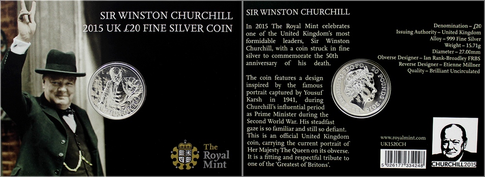 Zadní strana Silver Coin Sir Winston Churchill 2015 Standard