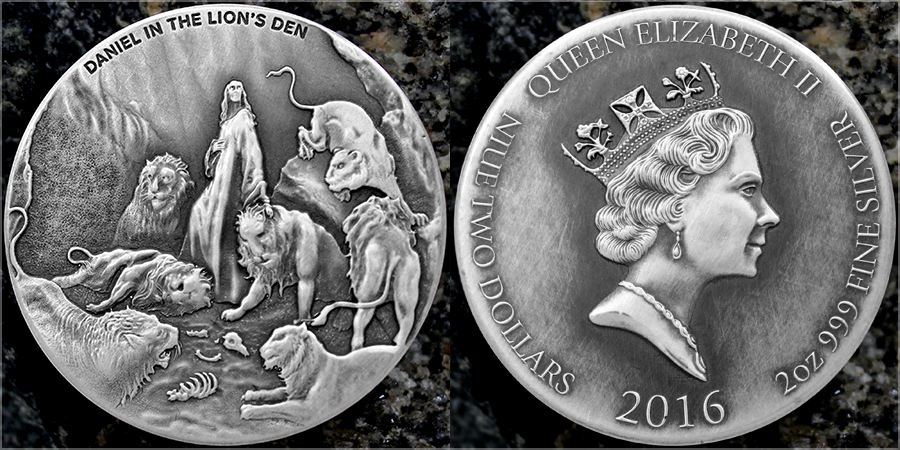 Stříbrná mince 2 Oz Daniel v jámě lvové Biblical Series 2016 Antique Standard