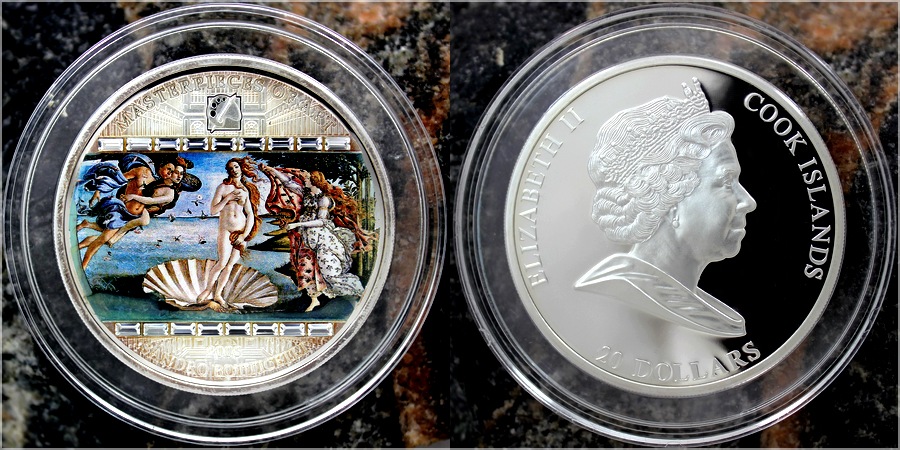Stříbrná mince 3 Oz Zrození Venuše Sandro Botticelli 2008 Krystaly Proof