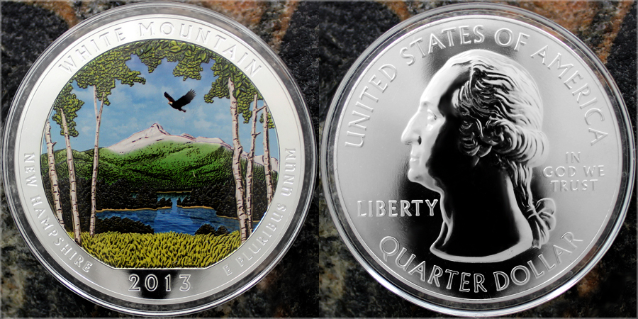 Stříbrná kolorovaná mince 5 Oz America the Beautiful - New Hampshire 2013 Proof