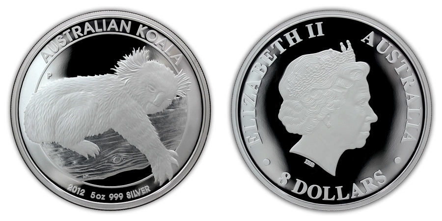 Zadní strana Strieborná minca 5 Oz Koala 2012 Proof