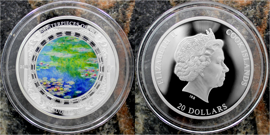 Stříbrná mince 3 Oz Lekníny Claude Monet 2015 Krystaly Proof