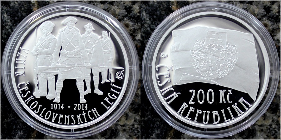 Zadní strana Strieborná minca 200 Kč Založenie Československých legií 100. výročie 2014 Proof