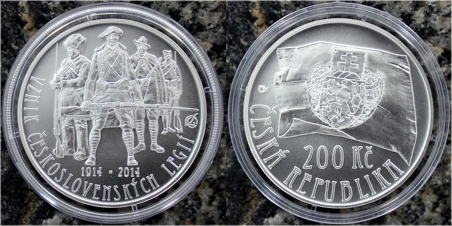 Zadní strana Strieborná minca  200 Kč Založenia Československých legií 100. výročie 2014 Štandard