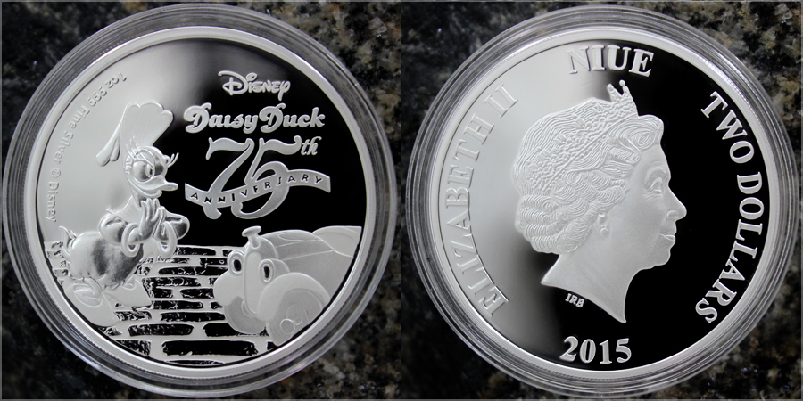 Zadní strana Strieborná minca Daisy Duck 75. výročie 1 Oz Disney 2015 Proof