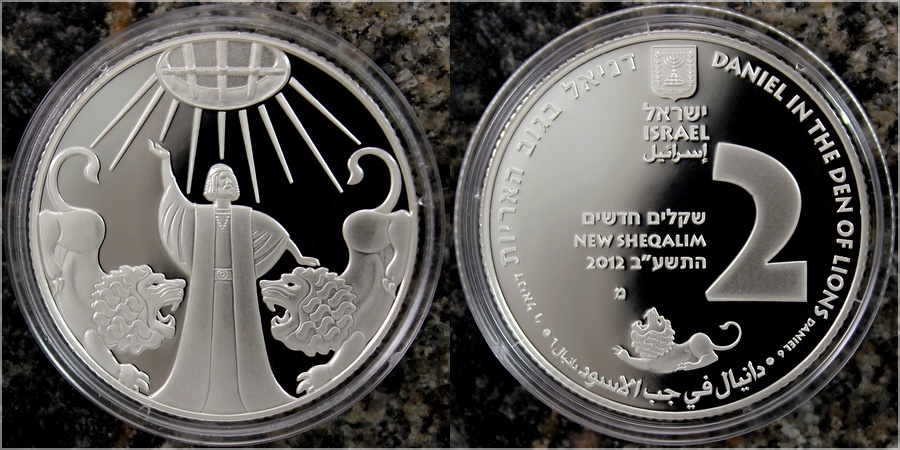 Stříbrná mince Daniel v jámě lvové 2 NIS Izrael Biblické umění 2012 Proof