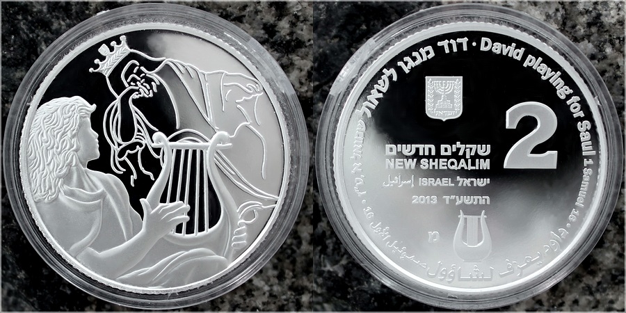 Stříbrná mince David hraje Saulovi 2 NIS Izrael Biblické umění 2013 Proof