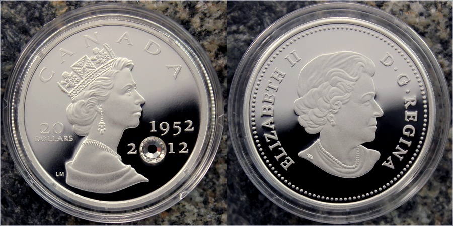Zadní strana Stříbrná mince Diamantové výročí Elizabeth II. s krystalem 2012 Proof 