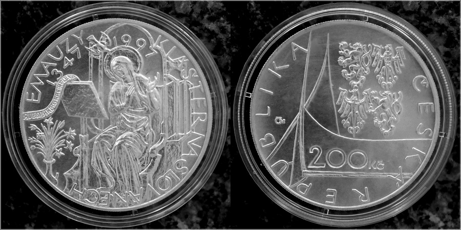 Stříbrná mince 200 Kč Emauzy Založení kláštera Na Slovanech 650. výročí 1997 Standard