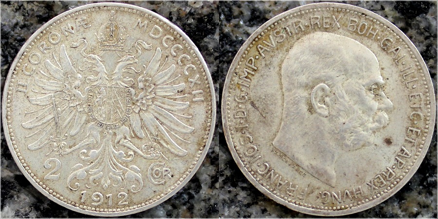 Stříbrná mince Dvoukoruna Františka Josefa I. Rakouská ražba 1912