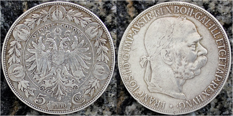 Stříbrná mince Pětikoruna Františka Josefa I. Rakouská ražba 1900