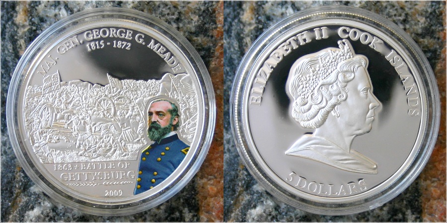 Zadní strana Strieborná minca George G. Meade Bitka pri Gettysburgu 2009 Proof Cook Islands
