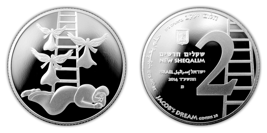 Stříbrná mince Jákobův sen 2 NIS Izrael Biblické umění 2014 Proof
