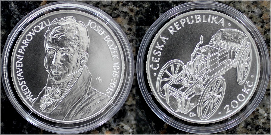 Stříbrná mince 200 Kč Josef Božek předvedl parovůz 200. výročí 2015 Standard
