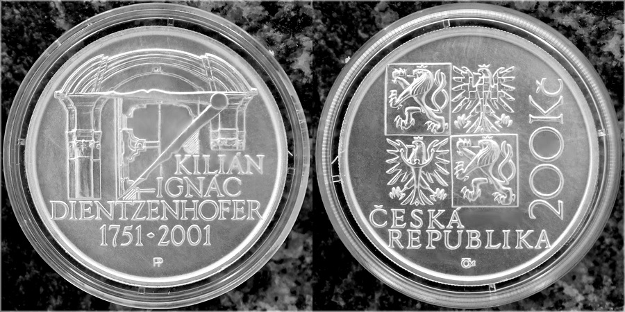Zadní strana Strieborná minca 200 Kč Kilián Ignác Dientzenhofer 250. výročie úmrtia 2001 Štandard