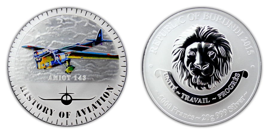 Strieborná minca kolorovaný Amiot 143 History of Aviation 2015 Proof