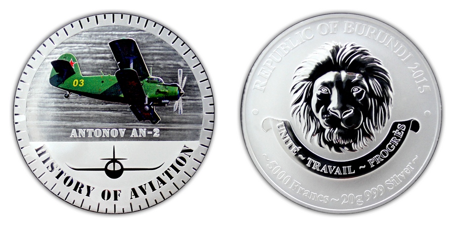 Zadní strana Strieborná minca kolorovaný Antonov AN-2 History of Aviation 2015 Proof
