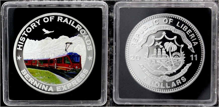 Strieborná minca kolorovaný Bernina Express History of Railroads 2011 Proof