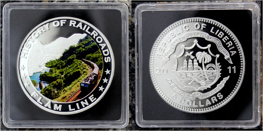 Strieborná kolorovaná minca Flam Line History of Railroads 2011 Proof