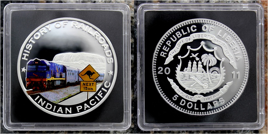 Strieborná kolorovaná minca Indian Pacific History of Railroads 2011 Proof