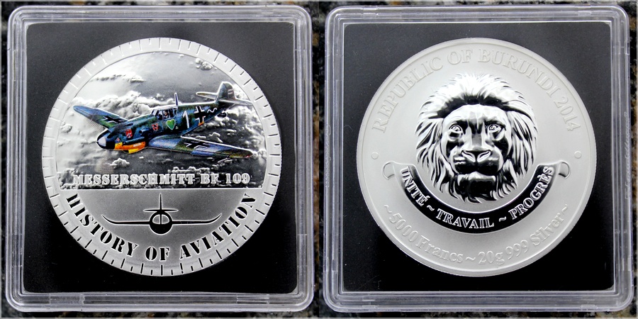 Stříbrná mince kolorovaný Messerschmitt BF109 History of Aviation 2014 Proof