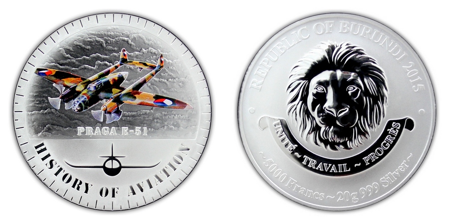 Strieborná minca kolorovaný Praga E-51 History of Aviation 2015 Proof