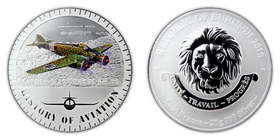 Strieborná minca kolorovaný Savoia-Marchetti SM.79 History of Aviation 2015 Proof