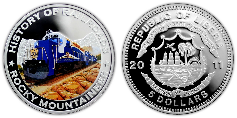 Stříbrná mince kolorovaný Rocky Mountaineer History of Railroads 2011 Proof