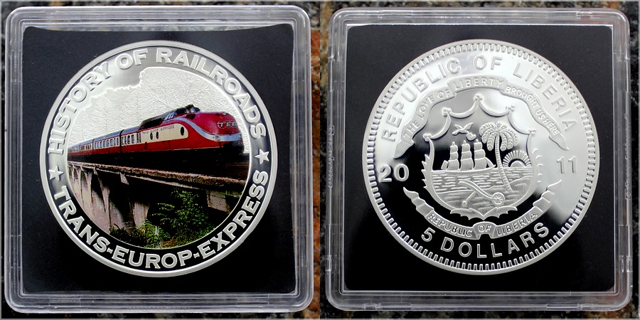 Strieborná kolorovaná minca Trans-Europ-Express History of Railroads 2011 Proof