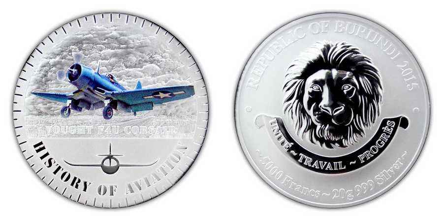 Stříbrná mince kolorovaný Vought F4U Corsair History of Aviation 2015 Proof