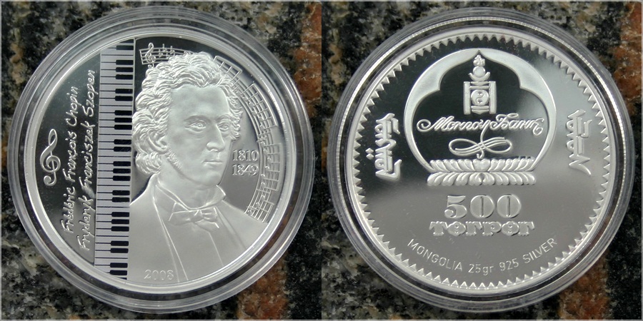 Stříbrná mince Frédéric Chopin 2008 Proof Mongolsko 