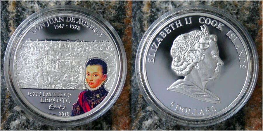 Stříbrná mince Don Juan of Austria Bitva u Lepanta 2010 Proof Cook Islands 