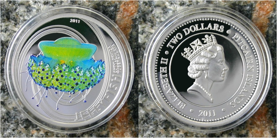 Zadní strana Strieborná kolorovaná minca Jellyfish Středomořská Medúza 2010 Proof Pitcairn Islands