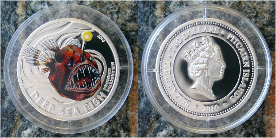 Zadní strana Strieborná minca Deep Sea Fish čertotvaré 2010 Proof Pitcairn Islands