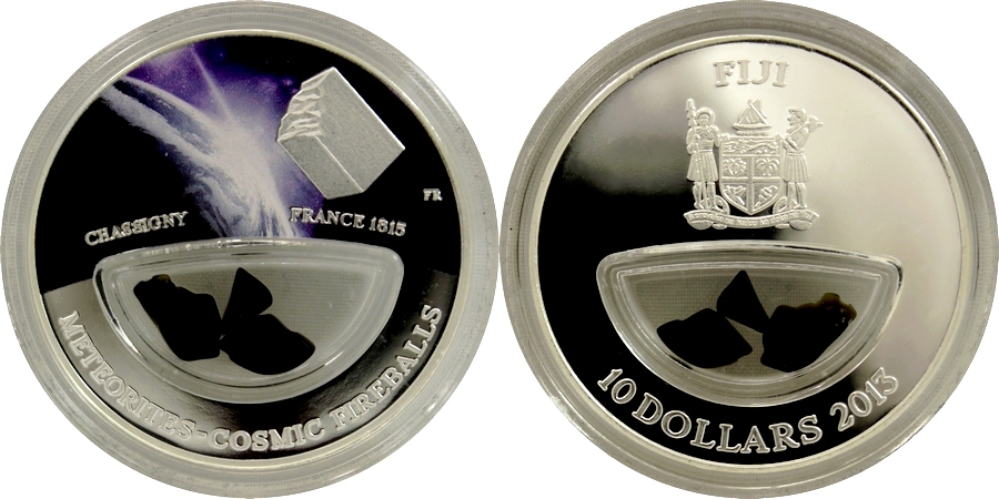 Stříbrná mince kolorovaná Meteorit Chassigny 2013 Proof