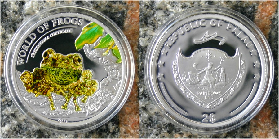 Zadní strana Strieborná minca Žaba Mechová 2011 Proof Palau