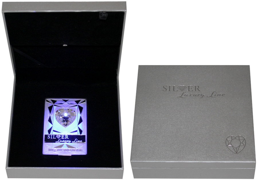 Zadní strana Stříbrná mince Luxury Line Srdce Modré osvícení 2014 Krystal Proof