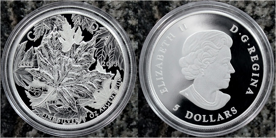 Stříbrná mince Maple Leaf 25. výročí 1 Oz 2013 High Relief Piedfort Proof (.9999)