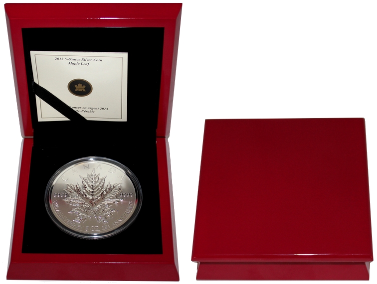 Zadní strana Stříbrná mince 5 Oz Maple Leaf 25.výročí 2013 Proof (.9999)