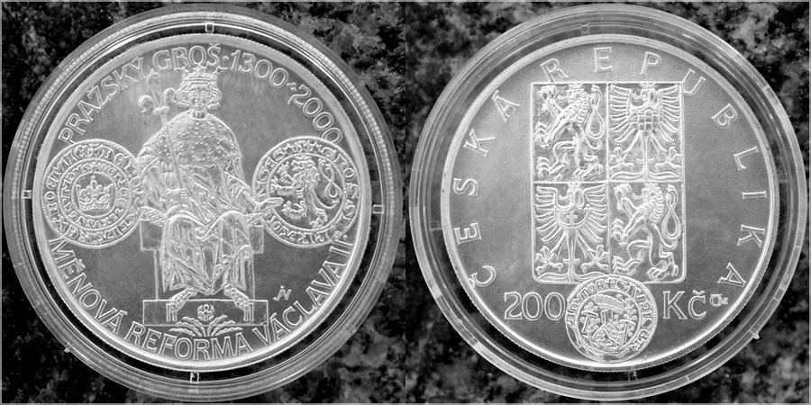 Stříbrná mince 200 Kč Měnové reformy Václav II. 700. výročí 2000 Standard