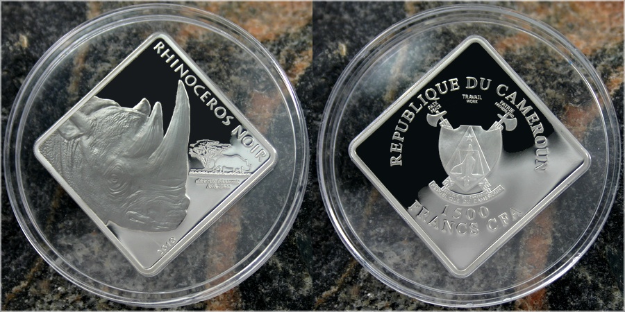 Zadní strana Strieborná minca 2 Oz Nosorožec ostrorohý 2010 Proof Kamerun