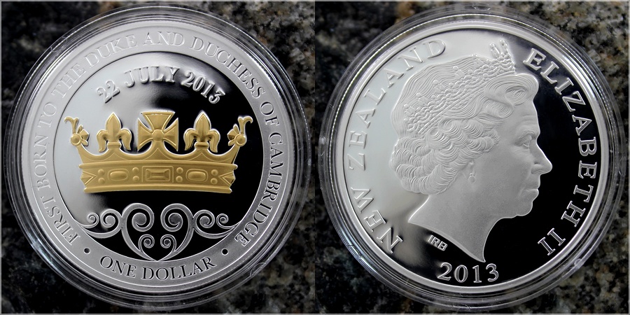 Zadní strana Stříbrná mince pozlacená Royal Baby 1 Oz 2013 Proof
