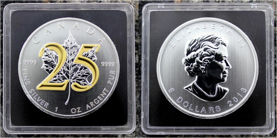 Stříbrná mince pozlacená Maple Leaf 25. výročí 1 Oz 2013 Standard