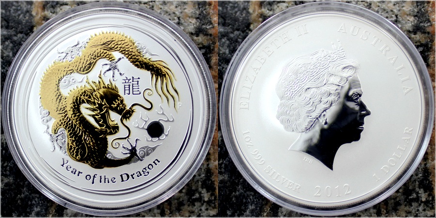 Zadní strana Strieborná minca pozlátený Year of the Dragon Rok Draka Lunárny 1 Oz 2012 Štandard