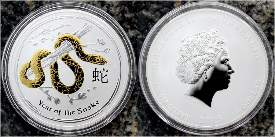Zadní strana Strieborná minca pozlátený Year of the Snake Rok Hada Lunárny 1 Oz 2013 Štandard