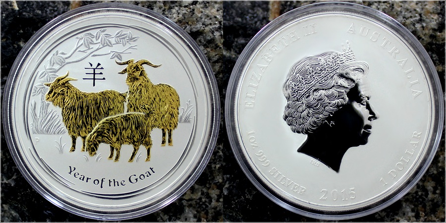 Zadní strana Strieborná minca pozlátený Year of the Goat Rok Kozy Lunárny 1 Oz 2015 Štandard