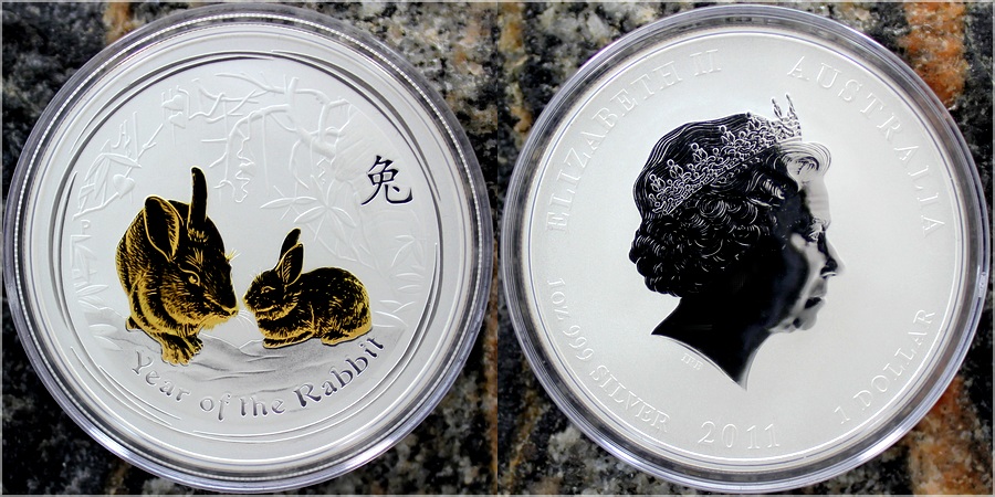 Stříbrná mince pozlacený Year of the Rabbit Rok Králíka Lunární 1 Oz 2011 Standard
