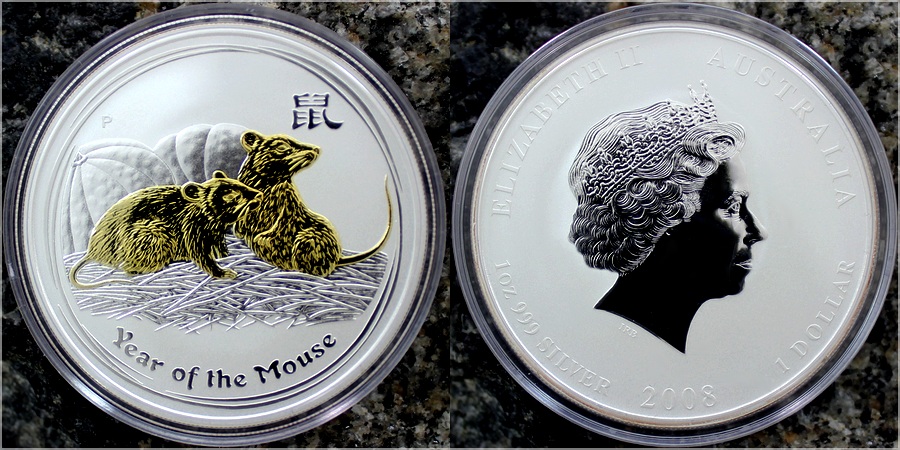 Strieborná pozlátená minca Year of the Mouse Rok Myši Lunárny 1 Oz 2008 Štandard