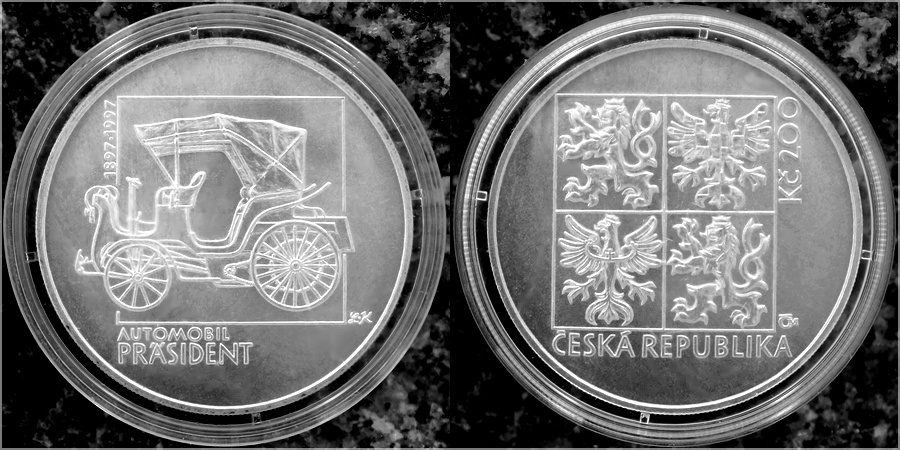 Zadní strana Strieborná minca 200 Kč Prvý  osobný automobil v strednej Európe 100. výroči 1997 Štandard