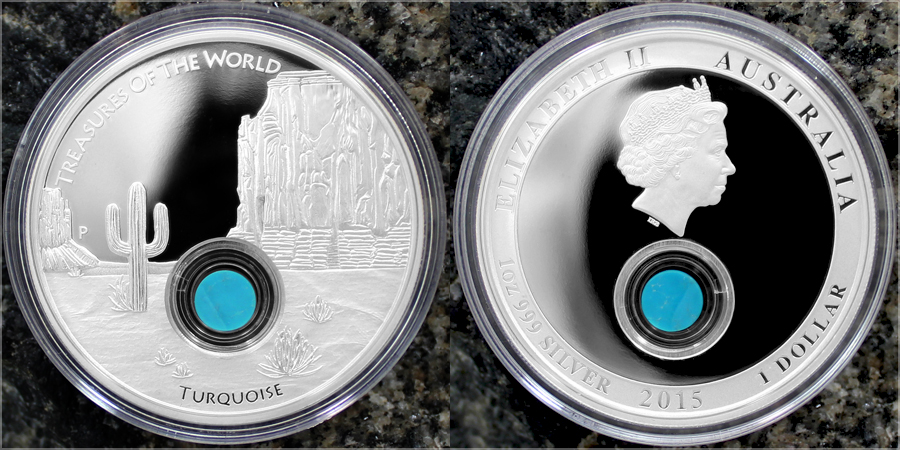 Zadní strana Strieborná minca Treasures of the World Severná Amerika 1 Oz Tyrkys 2015 Proof